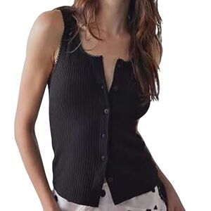 Free People Intimately Ribbed Button Front Racerback Black Tank Size M #1911